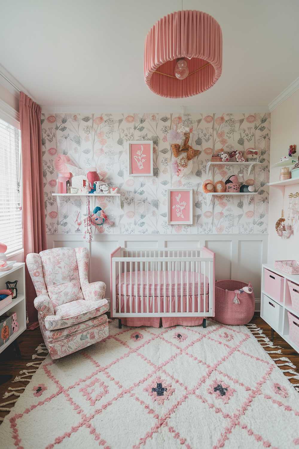 A cozy and stylish pink boho nursery room decor. The room features a pink and white patterned wallpaper with floral and geometric designs. There is a white crib with a pink cushion in the center of the room. A pink rocking chair with a floral pattern is placed beside the crib. The floor is covered with a white rug with pink and blue geometric patterns. There are various decorative items, such as a pink lampshade, a white bookshelf with pink and blue books, and a white shelf with pink and blue items. The room has a white ceiling and pink curtains.