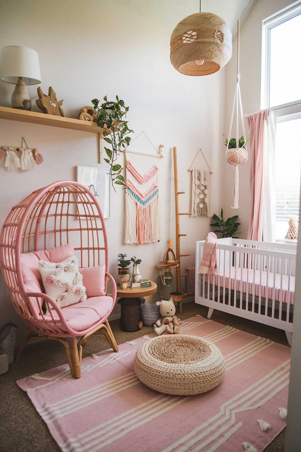 A pink boho nursery room decor. The room has a high ceiling and is filled with natural light. There is a large pink rattan chair in the corner. A wooden shelf above the chair holds a plant, a lamp, and some decor items. The floor is covered with a pink and white striped rug. There is a white crib with a pink and white striped sheet near the window. The walls are adorned with various decor items, including a hanging planter, a wooden ladder, and some wall hangings. There is a small table with a plant near the crib. The room has a few other decor items, including a lamp, a wooden toy, and some throw pillows.