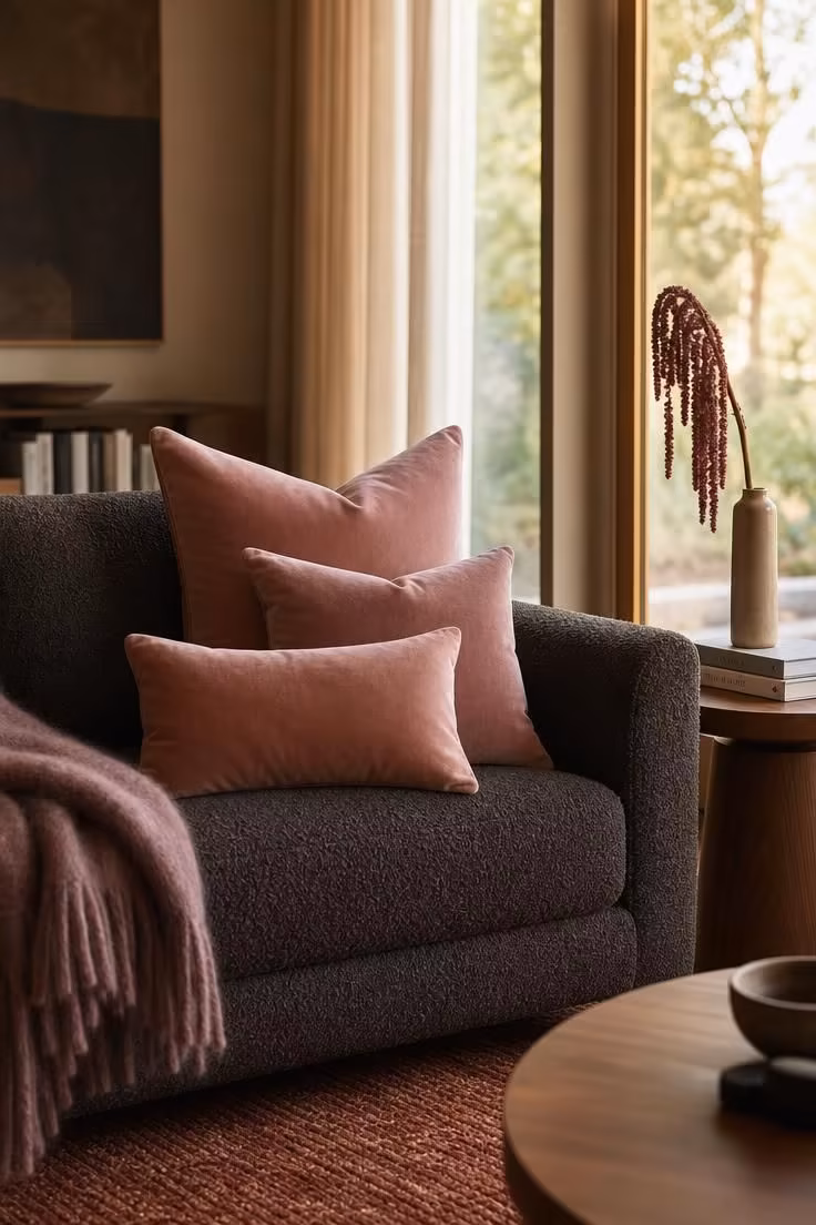 10 Dreamy Pink Fall Decor Ideas for a Cozy Autumn Home 1 Blush velvet throw pillows layered on a charcoal boucle sofa in a pink fall decor living room.