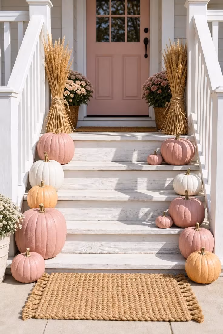 10 Dreamy Pink Fall Decor Ideas for a Cozy Autumn Home 2 Terracotta pink painted pumpkins lined along a whitewashed porch step for fall porch decor.