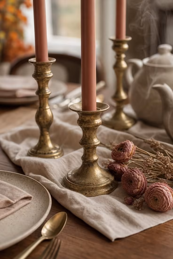 10 Dreamy Pink Fall Decor Ideas for a Cozy Autumn Home 3 Dusty rose taper candles in aged brass holders styled for an autumn tablescape on a walnut table.