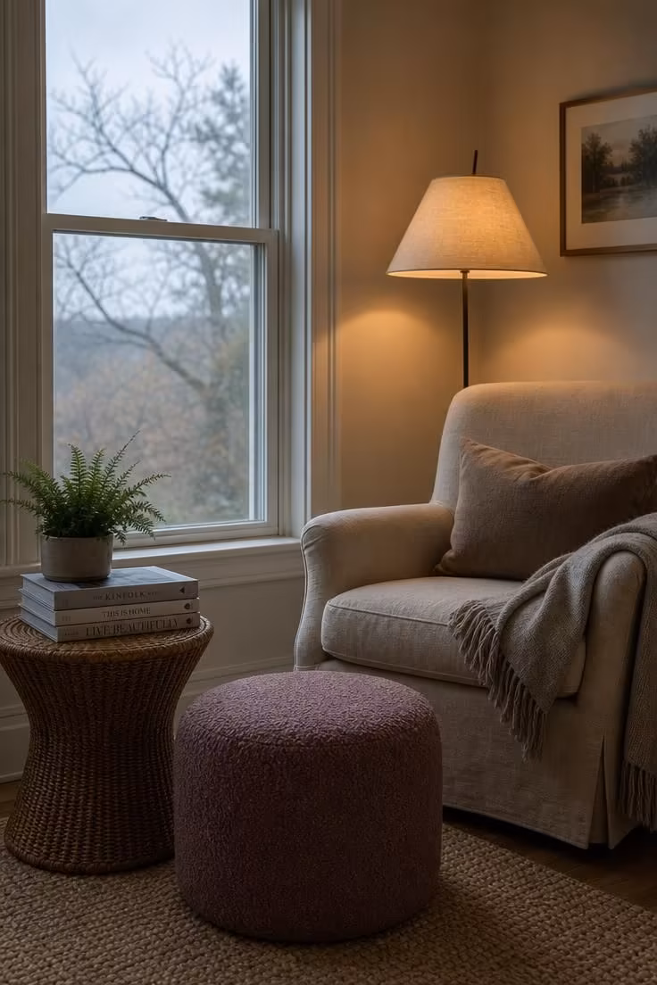 10 Dreamy Pink Fall Decor Ideas for a Cozy Autumn Home 4 A mauve boucle ottoman paired with a rattan side table in a cozy reading nook.