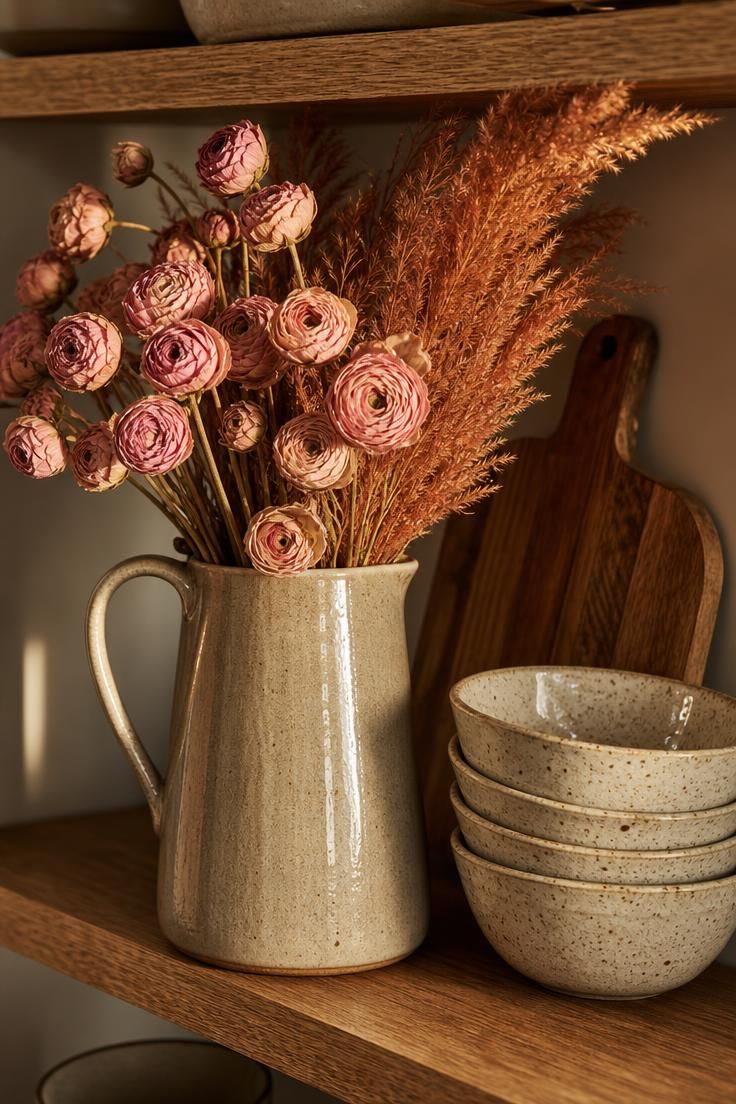 10 Dreamy Pink Fall Decor Ideas for a Cozy Autumn Home 5 Dried pink ranunculus and pink pampas grass arranged in a stoneware jug on an open kitchen shelf.