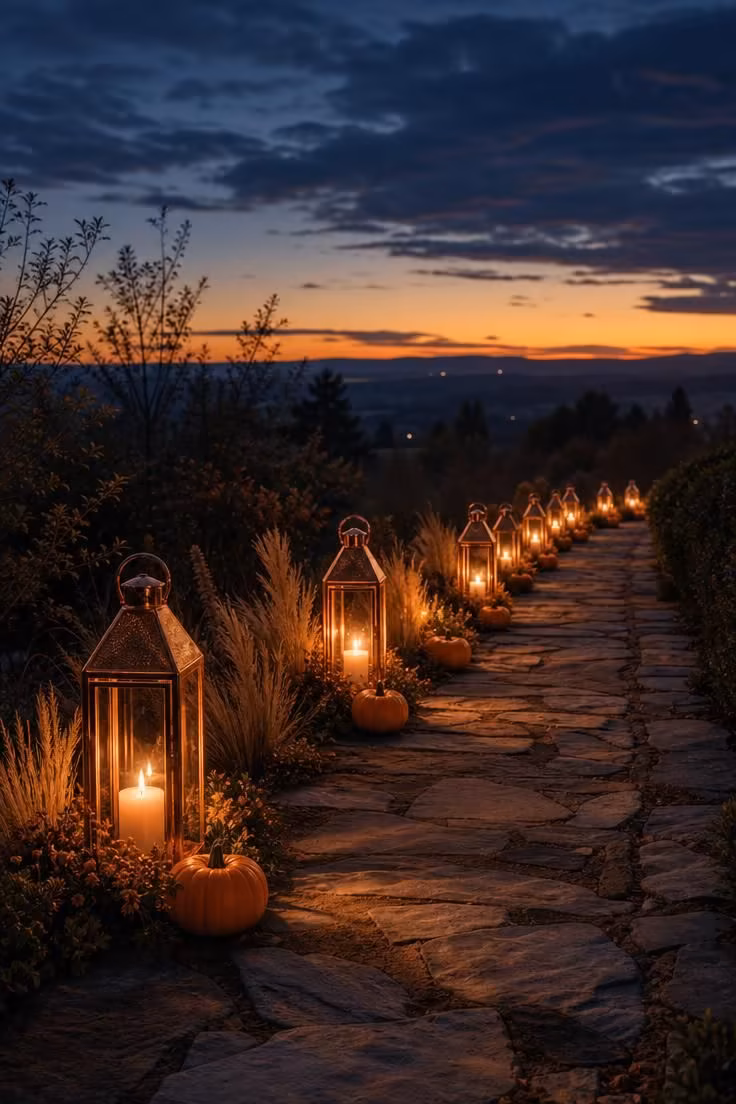 10 Dreamy Pink Fall Decor Ideas for a Cozy Autumn Home 6 A row of rose gold lanterns lining a stone garden walkway as part of a fall porch decor scheme.