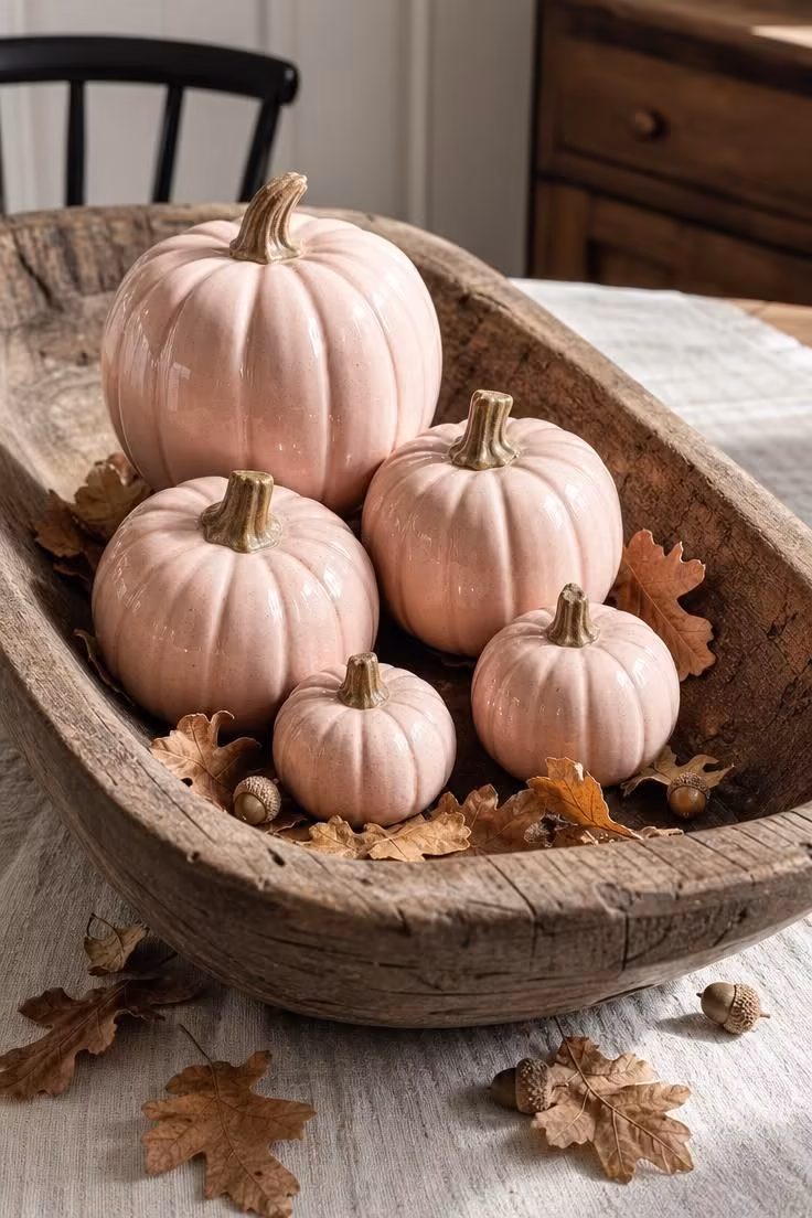 10 Dreamy Pink Fall Decor Ideas for a Cozy Autumn Home 7 Blush pink ceramic pumpkins stacked inside a reclaimed wood dough bowl centerpiece.