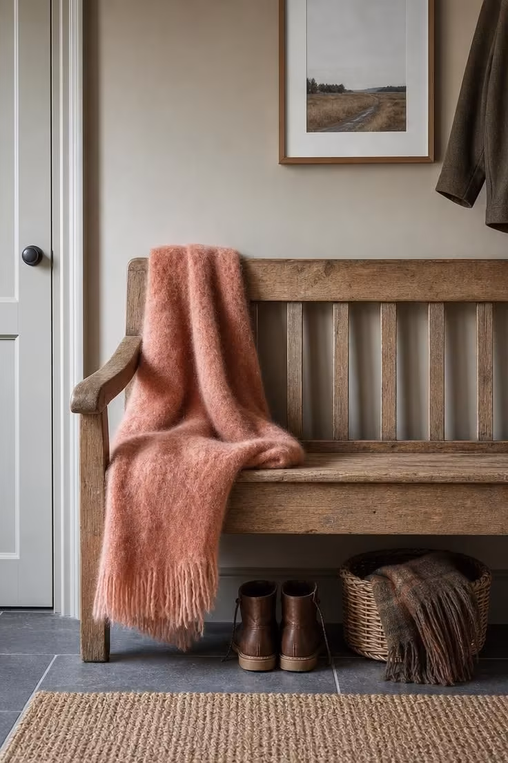 10 Dreamy Pink Fall Decor Ideas for a Cozy Autumn Home 8 A salmon pink mohair throw draped over a weathered oak entryway bench.