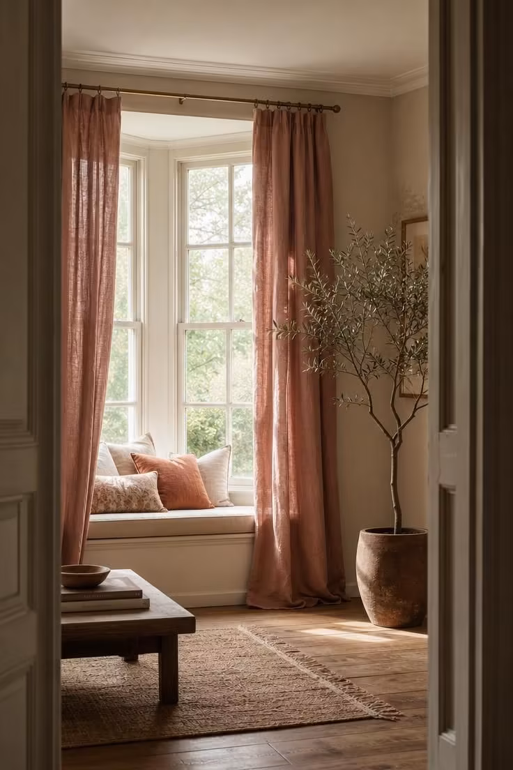 10 Dreamy Pink Fall Decor Ideas for a Cozy Autumn Home 9 Dusty rose linen curtains framing a bay window with a brass curtain rod above a window seat.