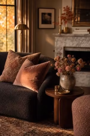 A cozy living room styled with pink fall decor, featuring blush velvet pillows, dried florals, and warm brass accents.