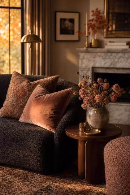 10 Dreamy Pink Fall Decor Ideas for a Cozy Autumn Home A cozy living room styled with pink fall decor, featuring blush velvet pillows, dried florals, and warm brass accents.