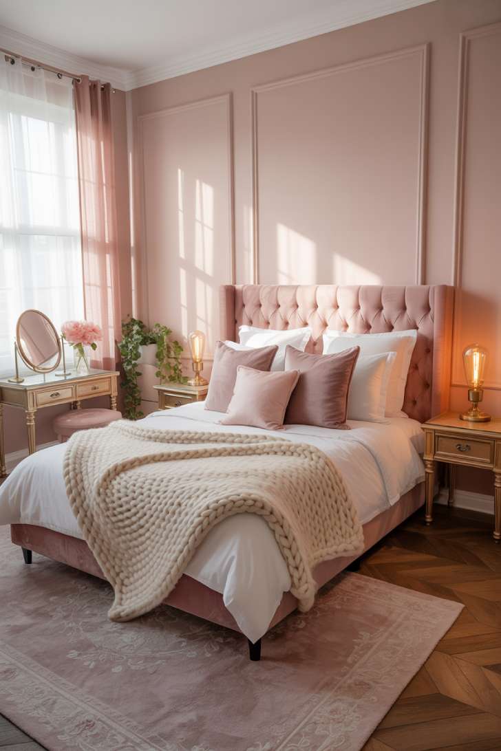 Elegant dusty rose guest bedroom with tufted velvet headboard, brass nightstands, and layered blush bedding in soft morning light