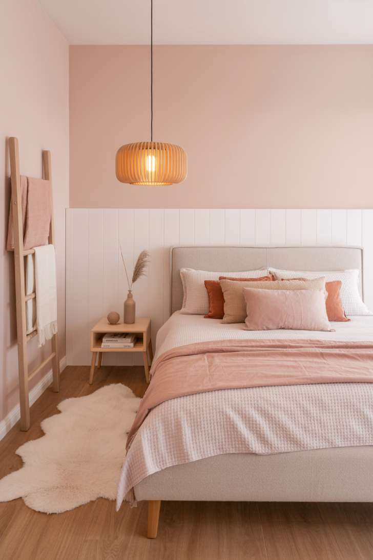 Minimalist Scandinavian pink guest bedroom with platform bed, rattan pendant light, and pampas grass on a light oak floor