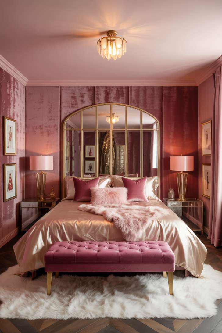 Glamorous Hollywood Regency pink bedroom with mirrored headboard, crystal chandelier, and velvet magenta bench