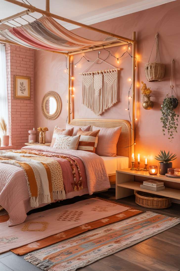 Boho-chic pink guest bedroom with rattan canopy bed, macramé wall hanging, layered Moroccan rugs, and warm fairy lights