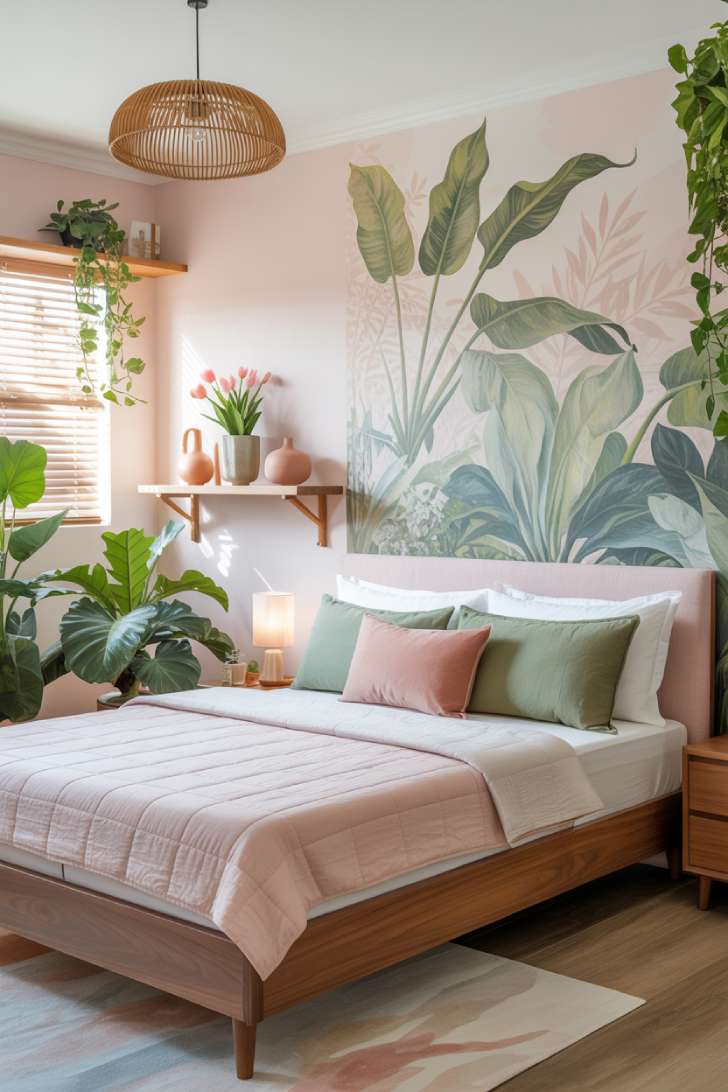 Pink and sage green guest bedroom with botanical mural, fiddle leaf fig, walnut bed frame, and soft morning light through bamboo blinds