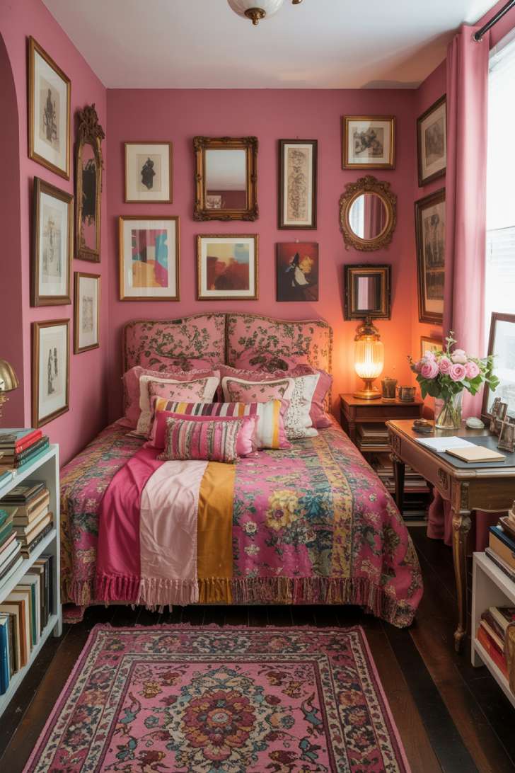 Maximalist pink guest bedroom with deep raspberry walls, gallery wall, chinoiserie headboard, and Persian rug in warm lamplight