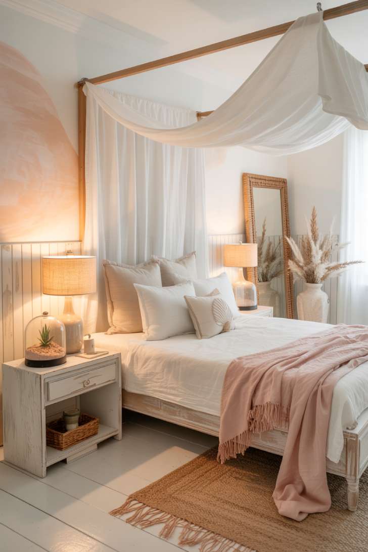 Coastal blush pink bedroom with whitewashed canopy bed, sheer white panels, driftwood shiplap, and rattan mirror
