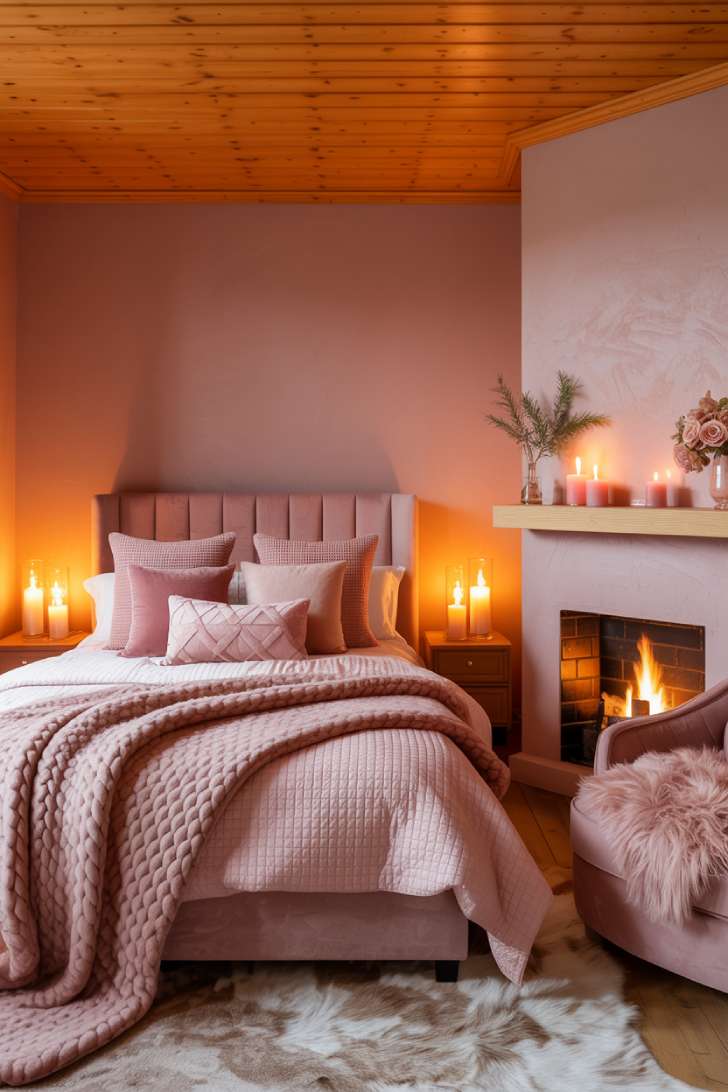 Cozy winter pink guest bedroom with boucle headboard, stone fireplace, chunky knit throws, and warm candlelight atmosphere