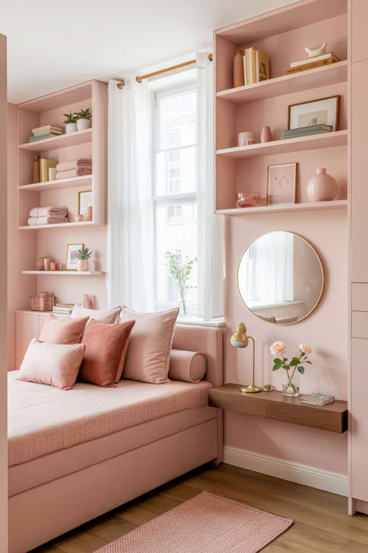 Small-space pink guest bedroom with twin daybed, built-in white shelving, round brass mirror, and soft white sheers in pale ice pink