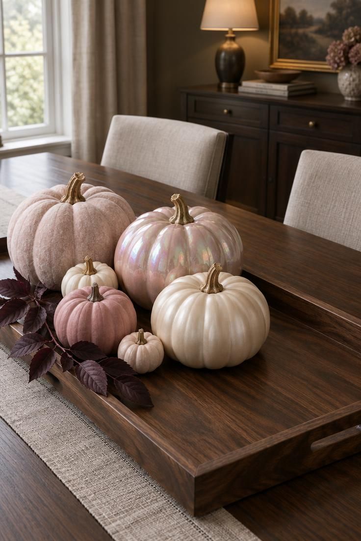 10 Dreamy Pink Halloween Decor Ideas for a Soft Spooky Look 1 Blush, pearlized rose, cream, and dusty pink pumpkins grouped on a walnut tray with a plum leaf sprig, lit by soft diffused daylight.