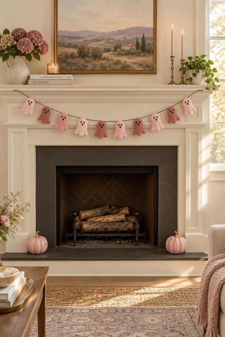 10 Dreamy Pink Halloween Decor Ideas for a Soft Spooky Look 2 A pastel pink ghost garland in blush, mid pink, and dusty rose felt draped across a cream mantel with two small pink ceramic pumpkins below.