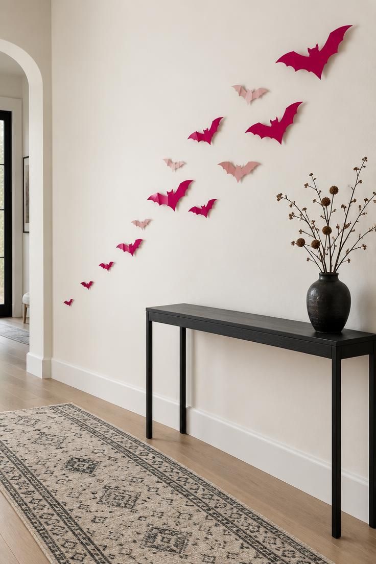 10 Dreamy Pink Halloween Decor Ideas for a Soft Spooky Look 3 Matte fuchsia and blush bat cutouts drifting diagonally up a pale ivory wall above a black console with a black vase and bare stems.