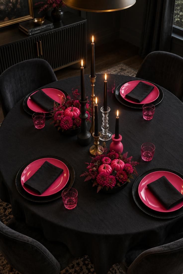 10 Dreamy Pink Halloween Decor Ideas for a Soft Spooky Look 4 A pink and black tablescape with hot pink plates on black chargers, black tapers in mixed holders, and low hot pink pumpkin arrangements.