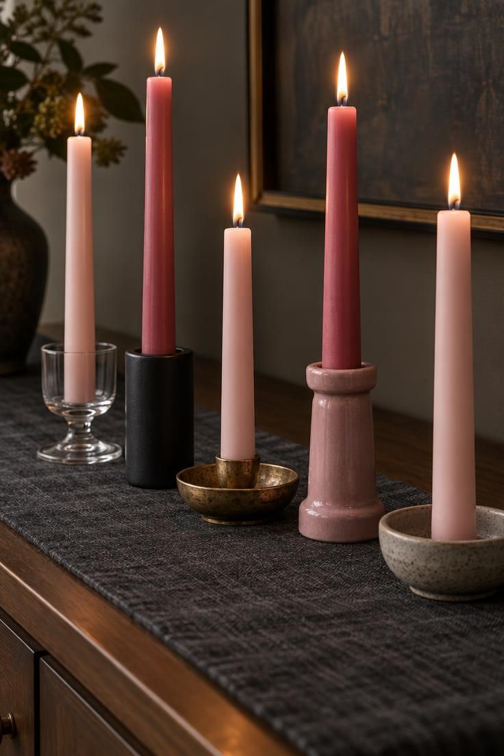 10 Dreamy Pink Halloween Decor Ideas for a Soft Spooky Look 6 Pink taper candles in mixed holders of glass, matte black, aged brass, pink ceramic, and stoneware along a charcoal linen runner.