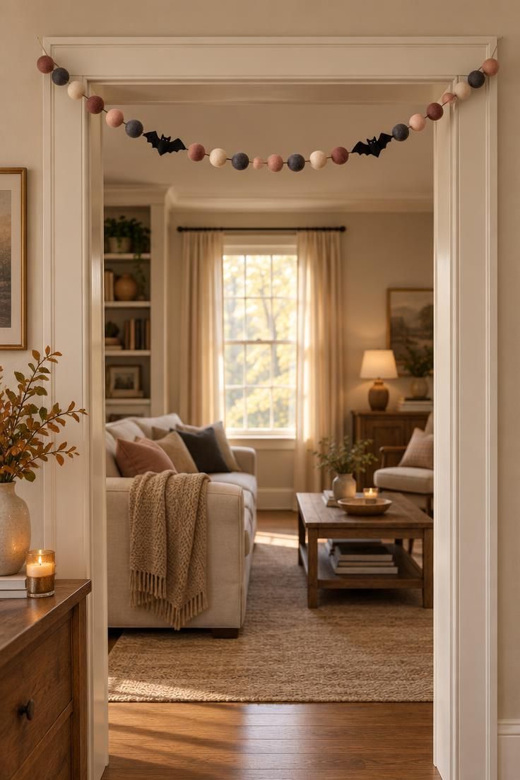 10 Dreamy Pink Halloween Decor Ideas for a Soft Spooky Look 8 A felt ball garland in blush, oatmeal, dusty rose, and charcoal swagged across a cream-trimmed doorway with two small black felt bats.