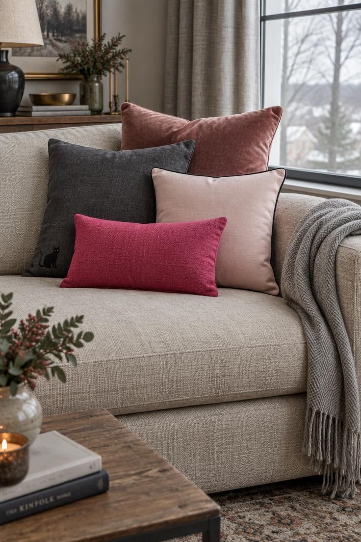 10 Dreamy Pink Halloween Decor Ideas for a Soft Spooky Look 9 A neutral oatmeal sofa with layered dusty rose velvet, charcoal linen, pale blush, and hot pink lumbar pillows plus a grey throw.