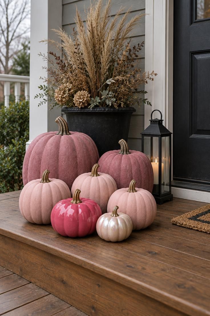 10 Dreamy Pink Halloween Decor Ideas for a Soft Spooky Look 10 Pink pumpkins in dusty rose, blush, hot pink, and pearlized cream arranged on a porch step with a black planter and lantern.