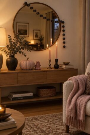 A cozy living room corner with a blush pumpkin, dusty rose ceramic ghost, pink taper candles in mixed holders, a felt ball garland, and a soft pink throw on an oatmeal armchair.