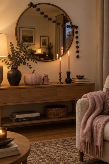 10 Dreamy Pink Halloween Decor Ideas for a Soft Spooky Look A cozy living room corner with a blush pumpkin, dusty rose ceramic ghost, pink taper candles in mixed holders, a felt ball garland, and a soft pink throw on an oatmeal armchair.