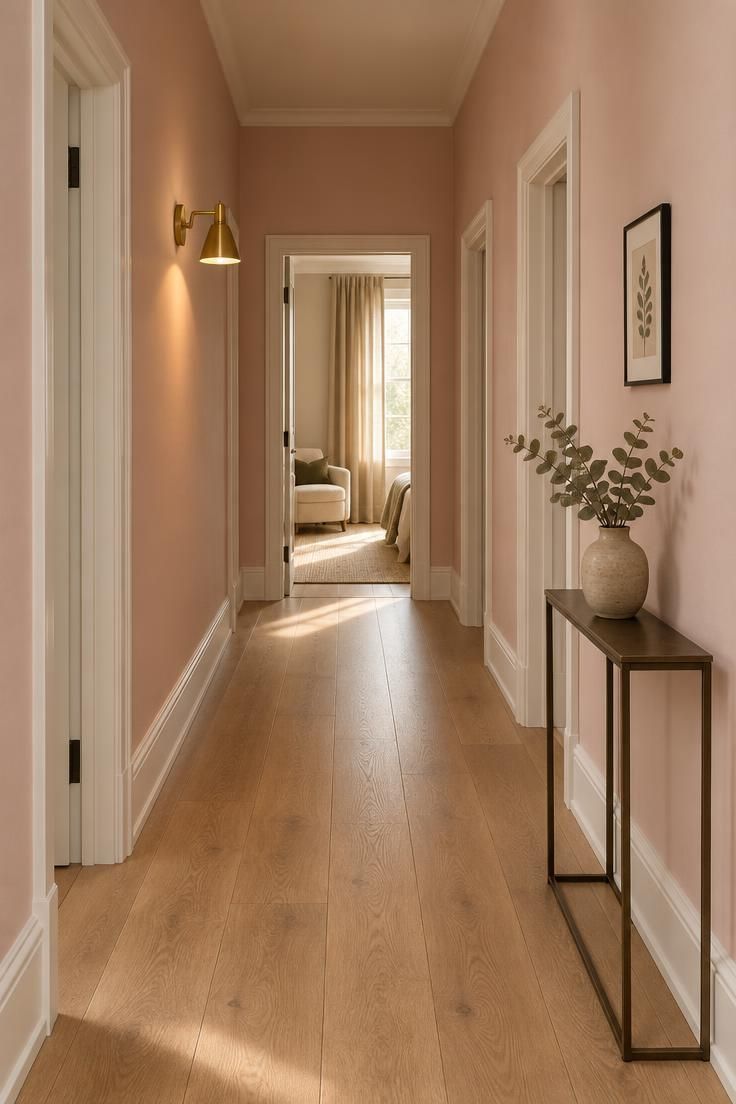 11 Warm Pink Hallway Ideas for a Welcoming First Impression 1 Wide view down a pale blush pink hallway with warm white trim, pale oak floors, and a single brass sconce.