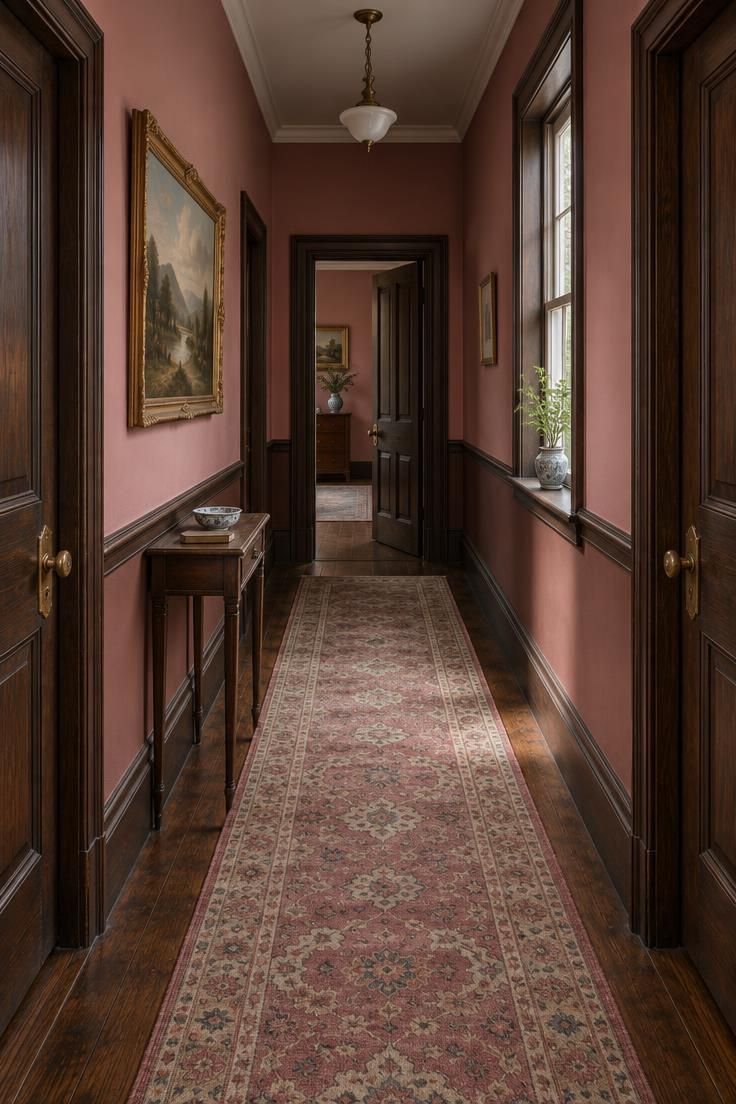 11 Warm Pink Hallway Ideas for a Welcoming First Impression 2 Dusty rose hallway walls above dark wood trim with a patterned vintage runner and gilt-framed painting.