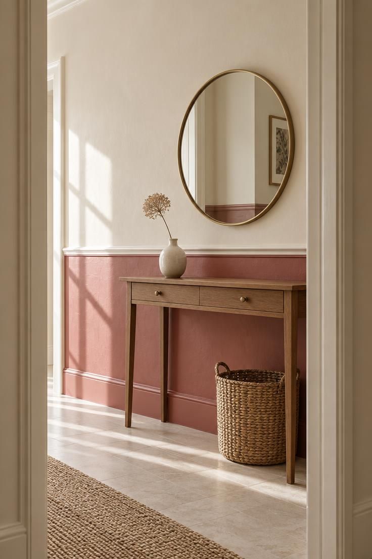 11 Warm Pink Hallway Ideas for a Welcoming First Impression 3 A hallway with pink two-tone walls, deeper rose below a dado rail and cream above, with a console and round mirror.
