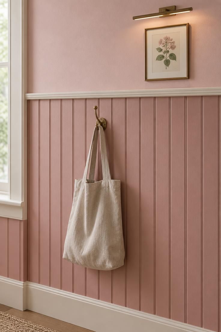 11 Warm Pink Hallway Ideas for a Welcoming First Impression 4 Close-up of pink beadboard wainscoting with a tonal lighter pink wall above and a picture light grazing the grooves.