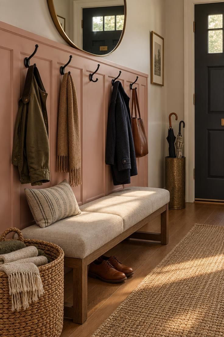 11 Warm Pink Hallway Ideas for a Welcoming First Impression 5 A blush pink entryway wall panel with black coat hooks, a low bench, and an umbrella stand in a narrow corridor.