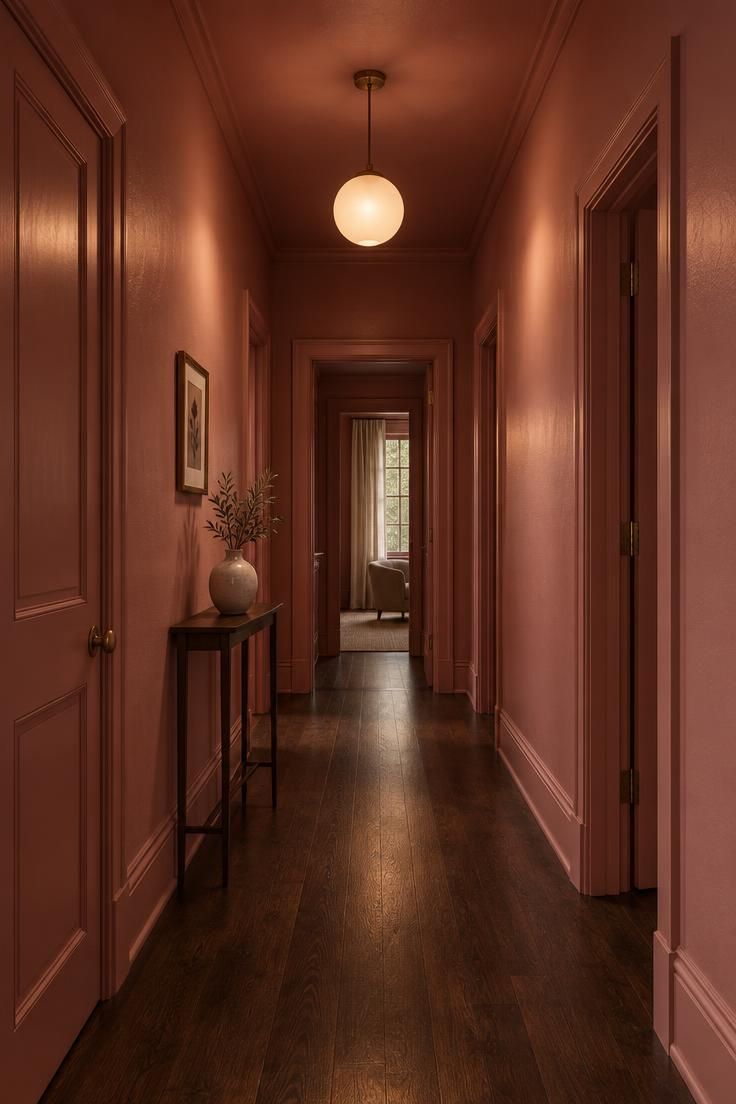 11 Warm Pink Hallway Ideas for a Welcoming First Impression 7 A color-drenched hallway with mid-rose walls, ceiling, trim, and doors, lit by a warm pendant globe.