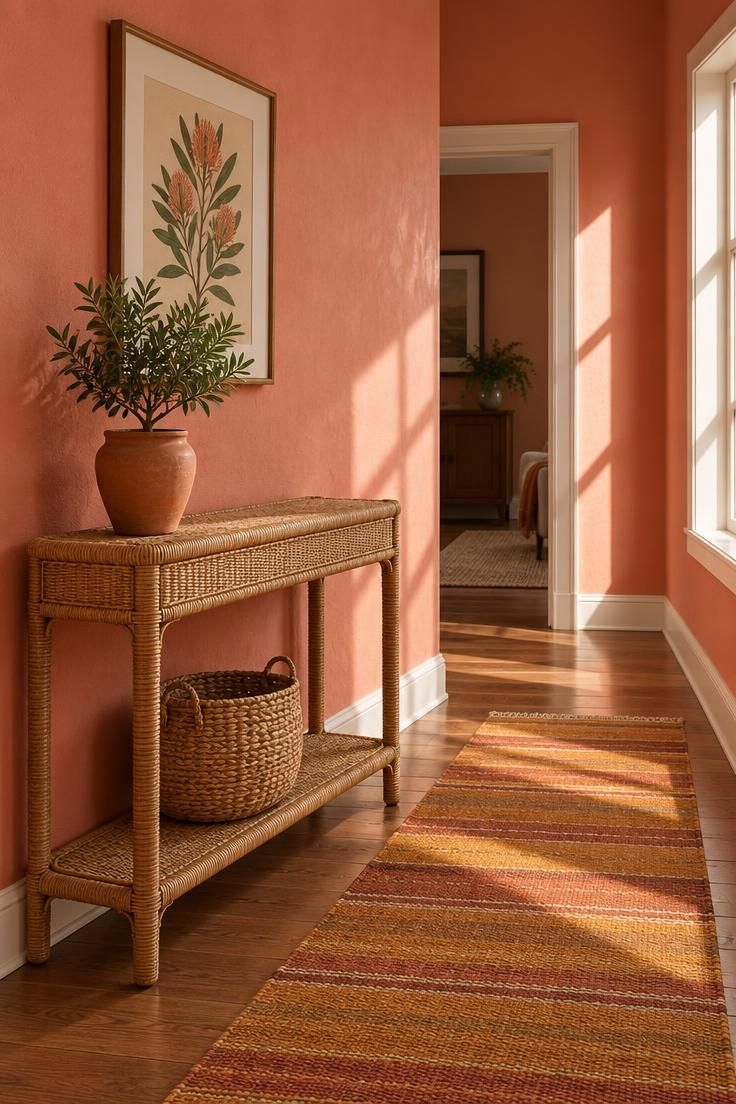 11 Warm Pink Hallway Ideas for a Welcoming First Impression 8 Coral-pink hallway walls with a rattan console, terracotta pot, botanical print, and warm striped runner.