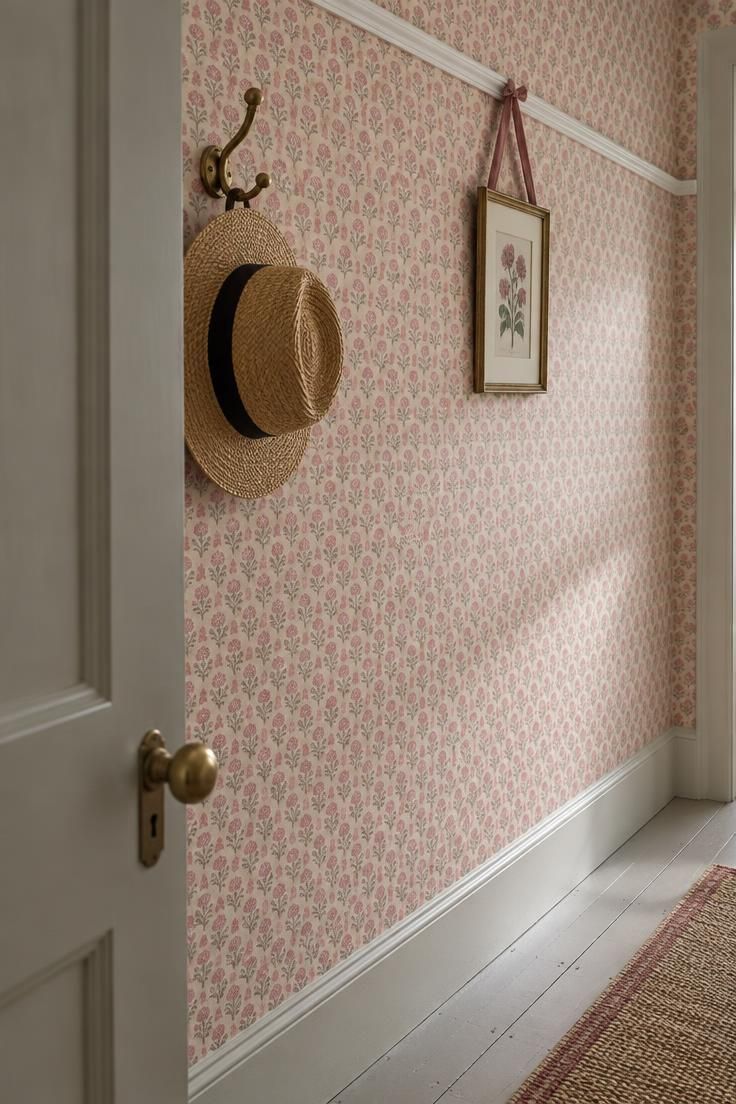11 Warm Pink Hallway Ideas for a Welcoming First Impression 9 Close-up of small-scale pink and cream block-print wallpaper in a narrow hallway with a white picture rail.