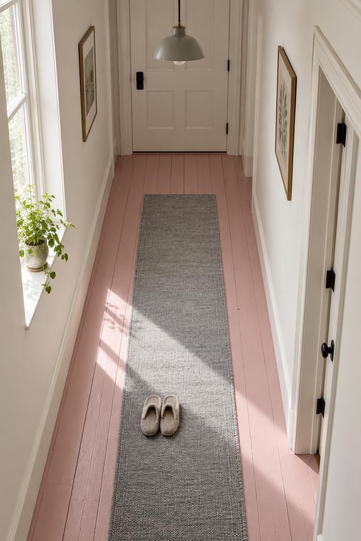 11 Warm Pink Hallway Ideas for a Welcoming First Impression 10 Overhead view of pink painted floorboards in a hallway with off-white walls and a slim grey runner.