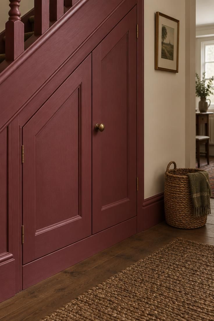 11 Warm Pink Hallway Ideas for a Welcoming First Impression 11 Close-up of deep rose painted under-stair cupboard doors and skirting against pale cream walls with a brass knob.