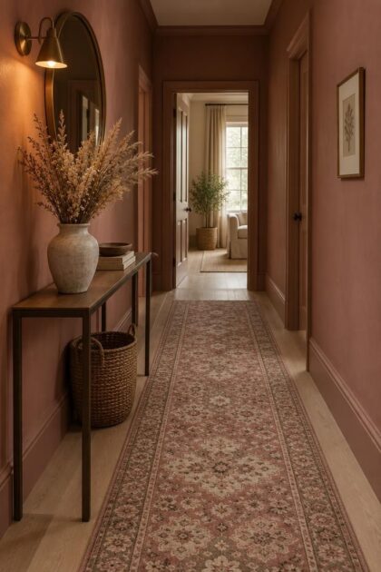 11 Warm Pink Hallway Ideas for a Welcoming First Impression A warm dusty rose hallway with a console, brass mirror, and vintage runner creating a welcoming first impression.