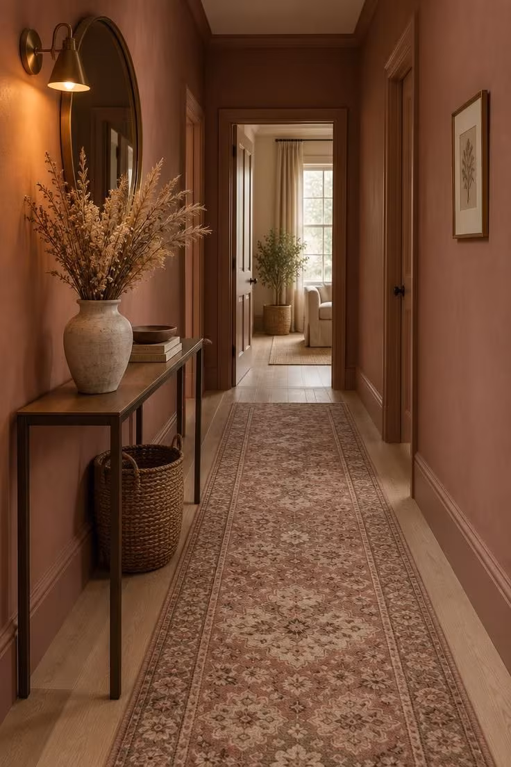 Simple Spaces 17 A warm dusty rose hallway with a console, brass mirror, and vintage runner creating a welcoming first impression.
