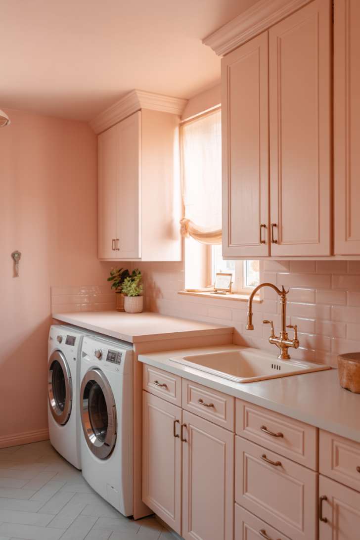 10 Beautiful Pink Laundry Room Ideas for a Stylish Home 1 Blush pink laundry room with white shaker cabinets and antique brass hardware