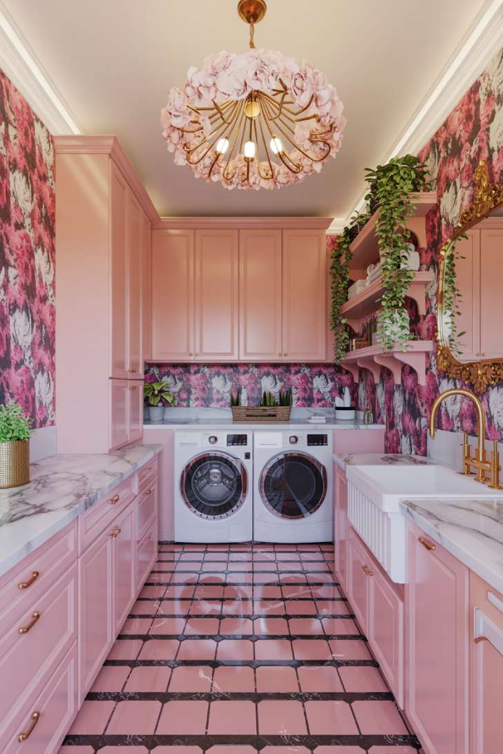 10 Beautiful Pink Laundry Room Ideas for a Stylish Home 10 Glamorous pink laundry room with floral chandelier, pink cabinets, floral wallpaper, and marble floor tiles