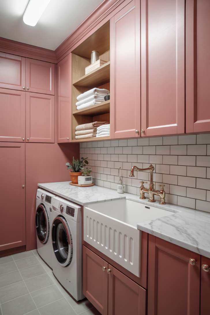 10 Beautiful Pink Laundry Room Ideas for a Stylish Home 2 Dusty pink shaker cabinets with marble countertop and brass faucet in a laundry room