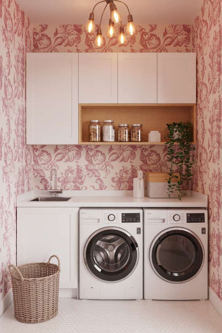 10 Beautiful Pink Laundry Room Ideas for a Stylish Home 3 Pink floral wallpaper laundry room with white cabinets and wooden open shelving