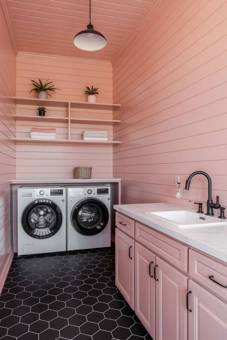 10 Beautiful Pink Laundry Room Ideas for a Stylish Home 4 Pink shiplap laundry room with black hexagon floor tiles and matte black hardware