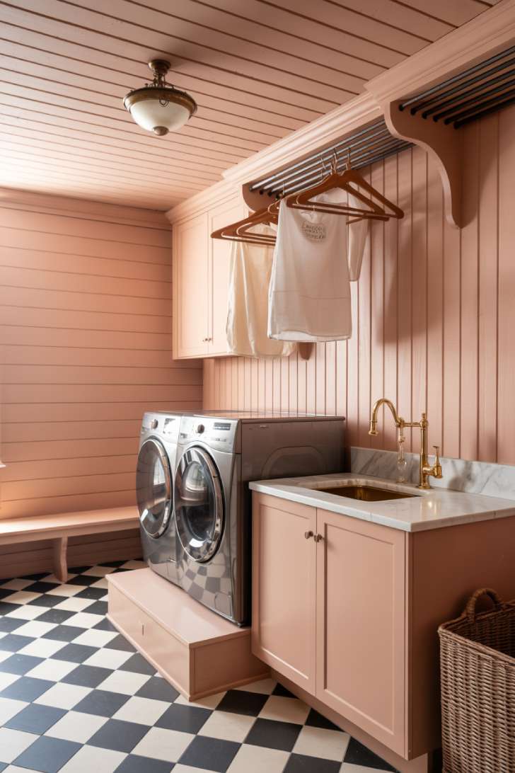 10 Beautiful Pink Laundry Room Ideas for a Stylish Home 5 Blush pink shiplap farmhouse laundry room with marble countertop and ceiling drying rack